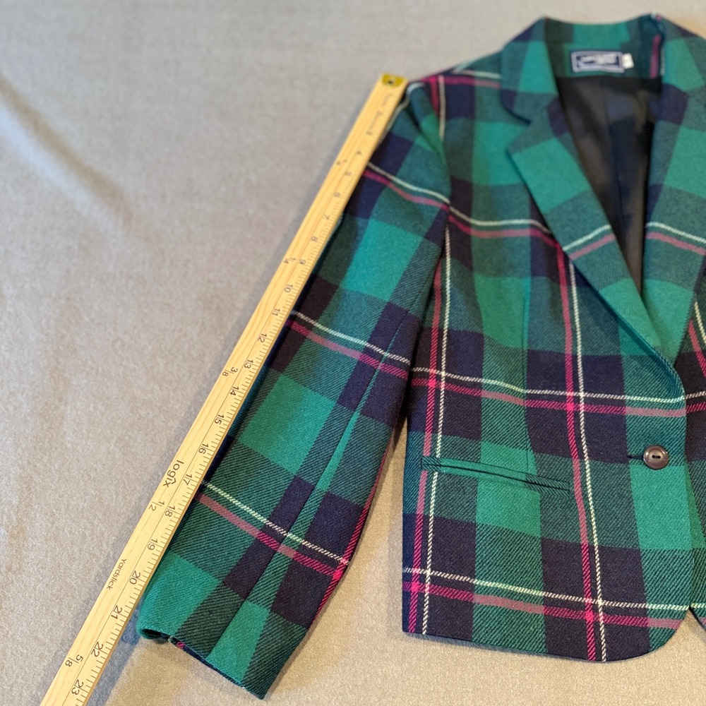 Vintage 80s Plaid Wool Blend Blazer – Teal Green Navy Pink – Petite Size 10 - Picture 14 of 15